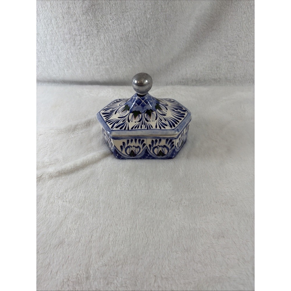 Vintage 90s Mexican Talavera Hexagonal Ceramic Trinket Box Lidded Jewelry Dish